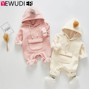 

Winter Baby Girls Clothes Cute Hooded Plus Velvet Sweater Baby Boys Loose Casual Jumpsuits Newborn Solid Onesies Rompers Outfits
