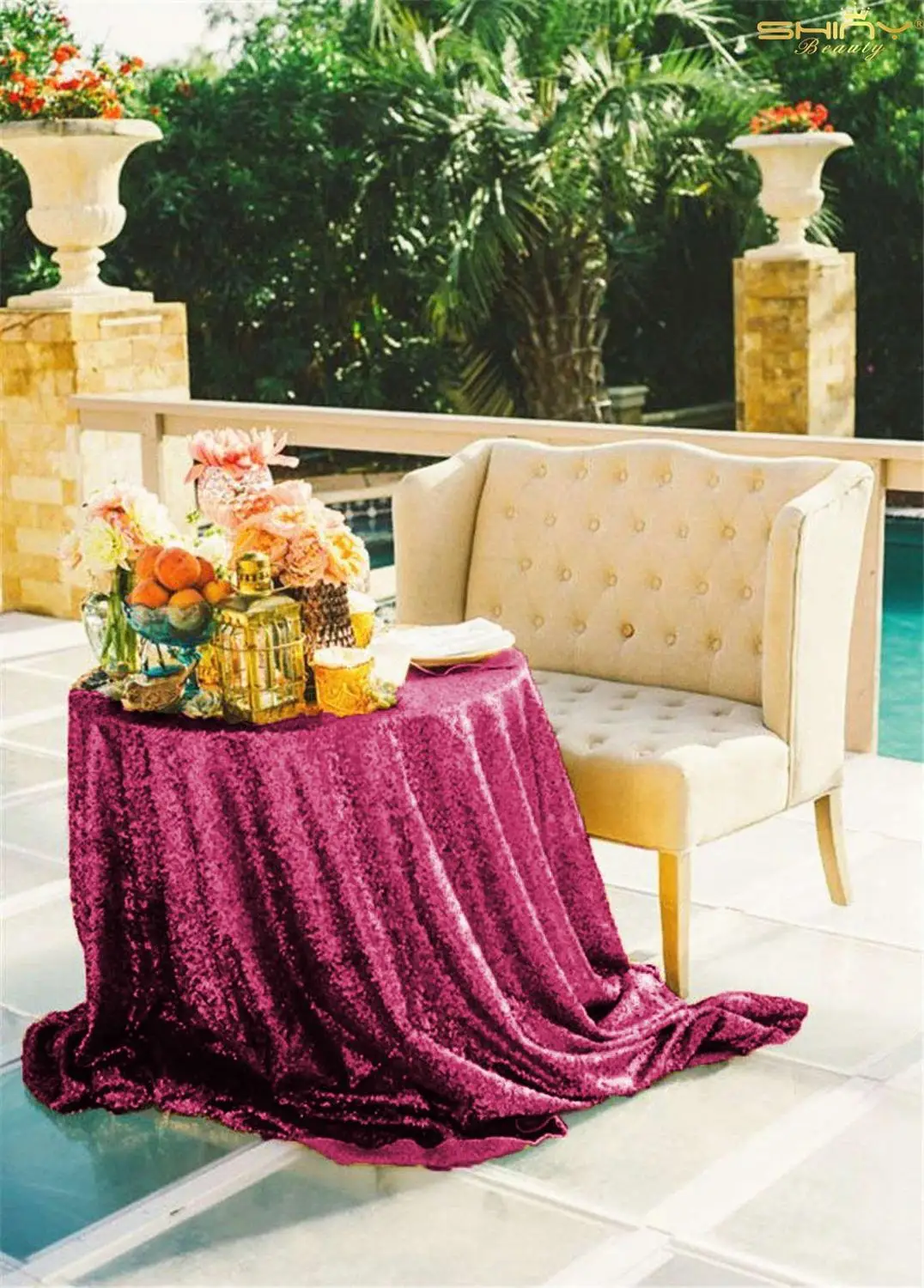  Sequin Tablecloth Round Burgundy 90 Inch Sparkly Table Linen for Wedding Birthday Party Cake Desser