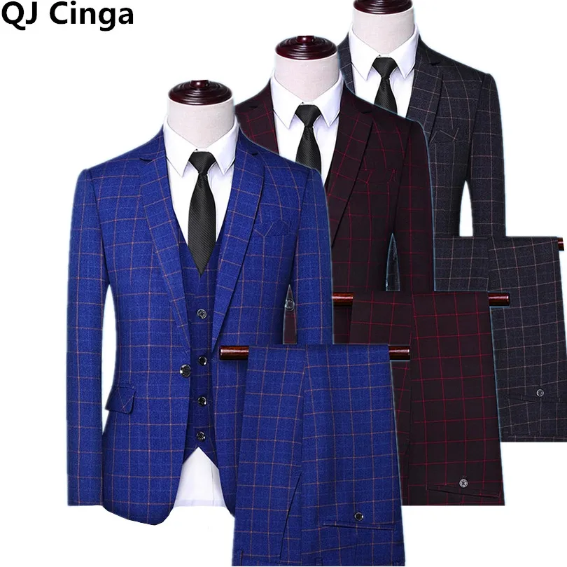 

Blazers Pants Vest Sets / Autumn New Fashion Suits / Men's Casual Business Plaid 3 Piece Suit Jacket Coat Trousers