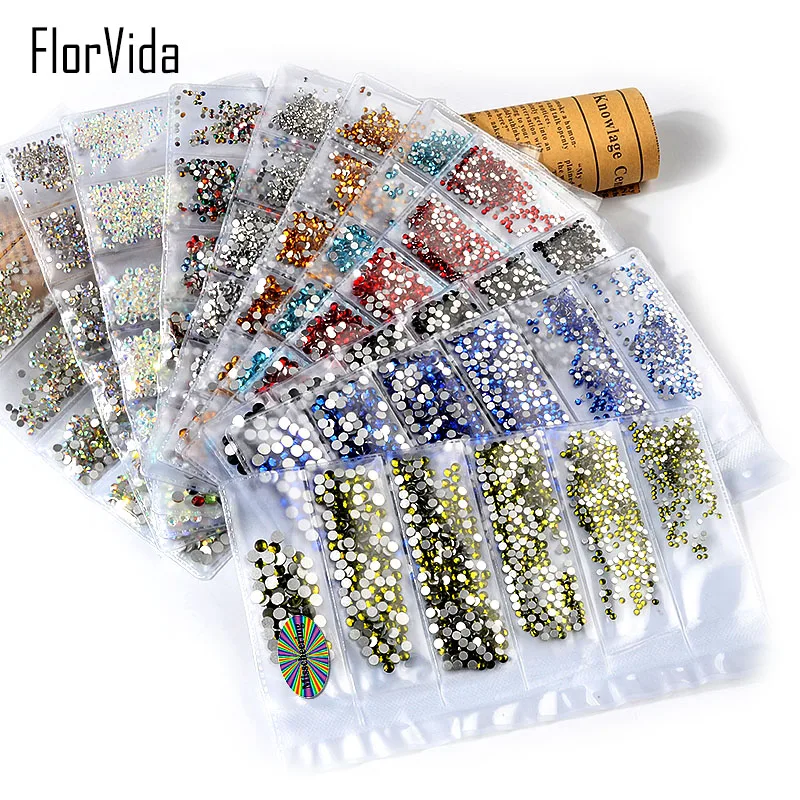 FlorVida 1 комплект смешанные 6 Размеры, дизайн ногтей Стразы драгоценные камни AB многоразмерные стеклянные стразы для ногтей 3D украшения кристалл