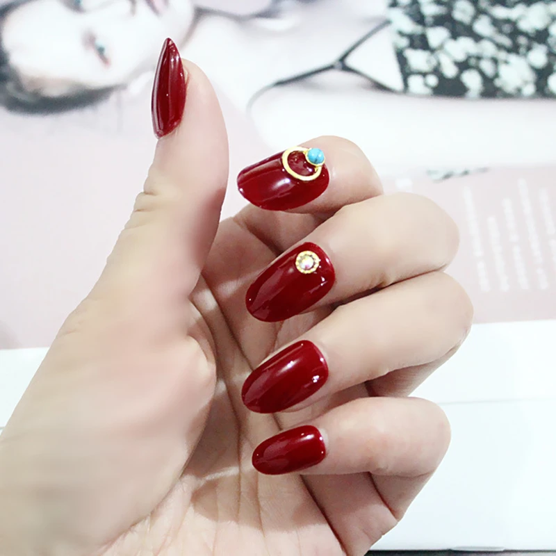 Nusx 24pcs Beautiful Full Cover Diamond Crystal Fake Nails With Diamond Stiletto Round Head Red False 4