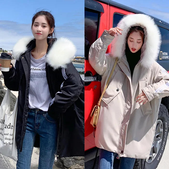 

2019 Autumn And Winter New Style down Jacket Cotton-padded Clothes Women's Mid-length BF Sports Stripes Baseball Loose Cotton Co