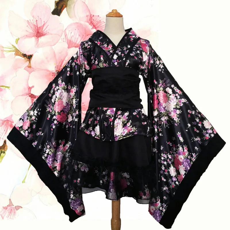 Women's Short Japanese Anime Lolita Cherry Sakura Flower Printing Kimono Maid Costumes Silk Yukata Fancy Dress S-3XL