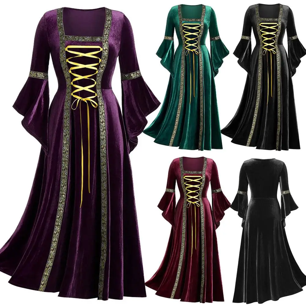 Plus size Vintage Gothic Cosplay Dress velvet flare sleeve Women Medieval Renaissance Lace Up bandage Retro Long |