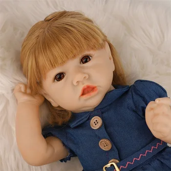 

22 Inch Lifelike Reborn Baby Girl Golden Hair Pretty Clothes Soft Real Full Silicone Toy Kids Gift Crooked Mouth Kid Playmates