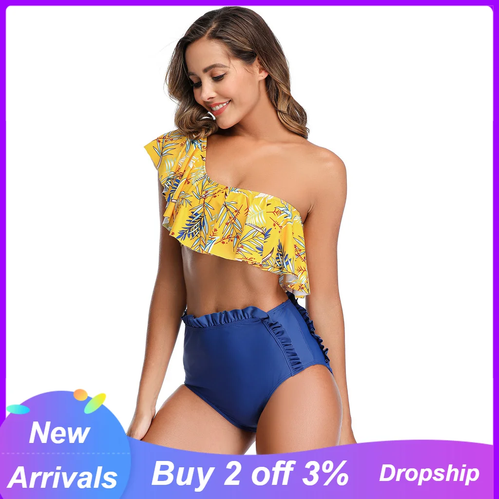 Women Swimsuit With Ruffles Two Pieces One Shoulder Swimwear High Waisted Vintage Green Leaf Print Strój Kąpielowy | Женская одежда