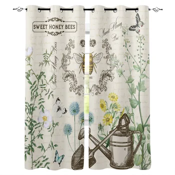 

Retro Bee Butterfly Flower Curtains for Living Room Children Bedroom Decoration Home and Kitchen Products Windows Drapes