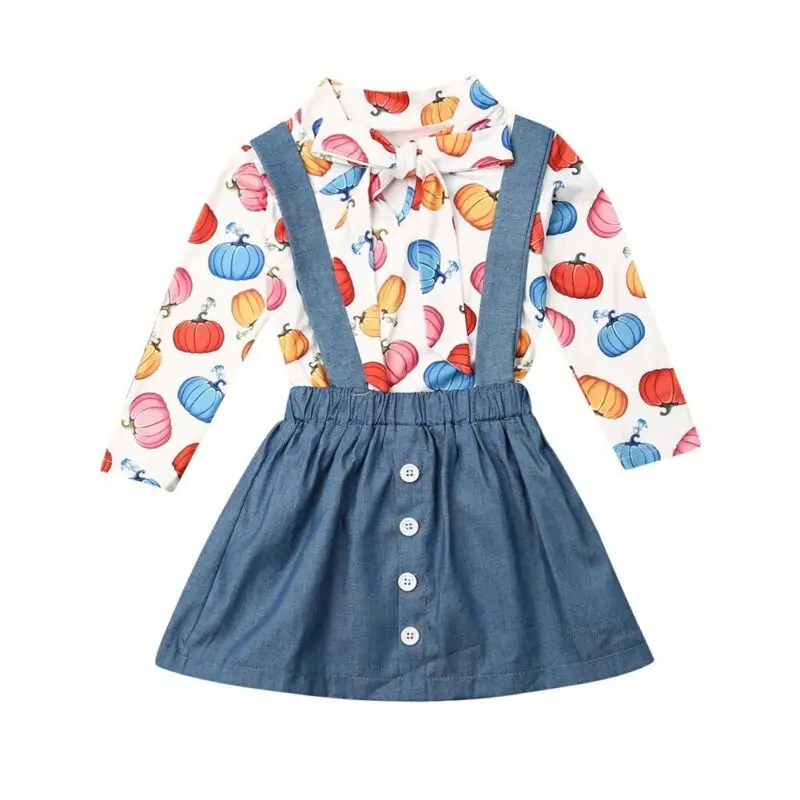 

FOCUSNORM Summer Autumn Suit Toddler Kids Girl Pumpkin Print Clothes Shirt Top Bib Skirt Halloween Outfit Set Kid Girl 2-6Years