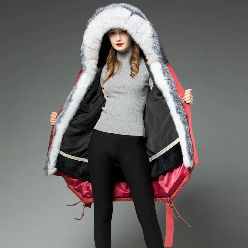 Sale AYUNSUE Winter Jacket Women Rabbit Fur Liner Parka Real Fur Coat Female Fox Fur Collar Warm Long Trench Coats Chaqueta Mujer MY 2