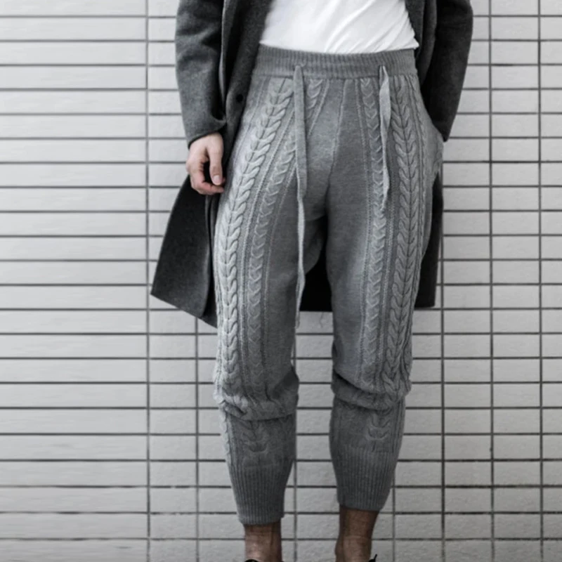 

Man Autumn Winter Warm Knitting Long Pant Solid Patchwork Gentleman Daily Casual Trousers Male Drawstring Loose Long Pencil Pant