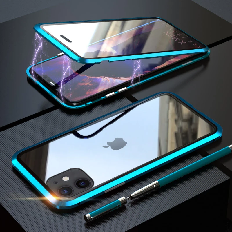 360 полный защитный Магнитный чехол для iPhone 11 ударопрочный чехол для iPhone 11 PRO MAX металлический бампер 9H Передняя Задняя стеклянная крышка - Цвет: Mint Green