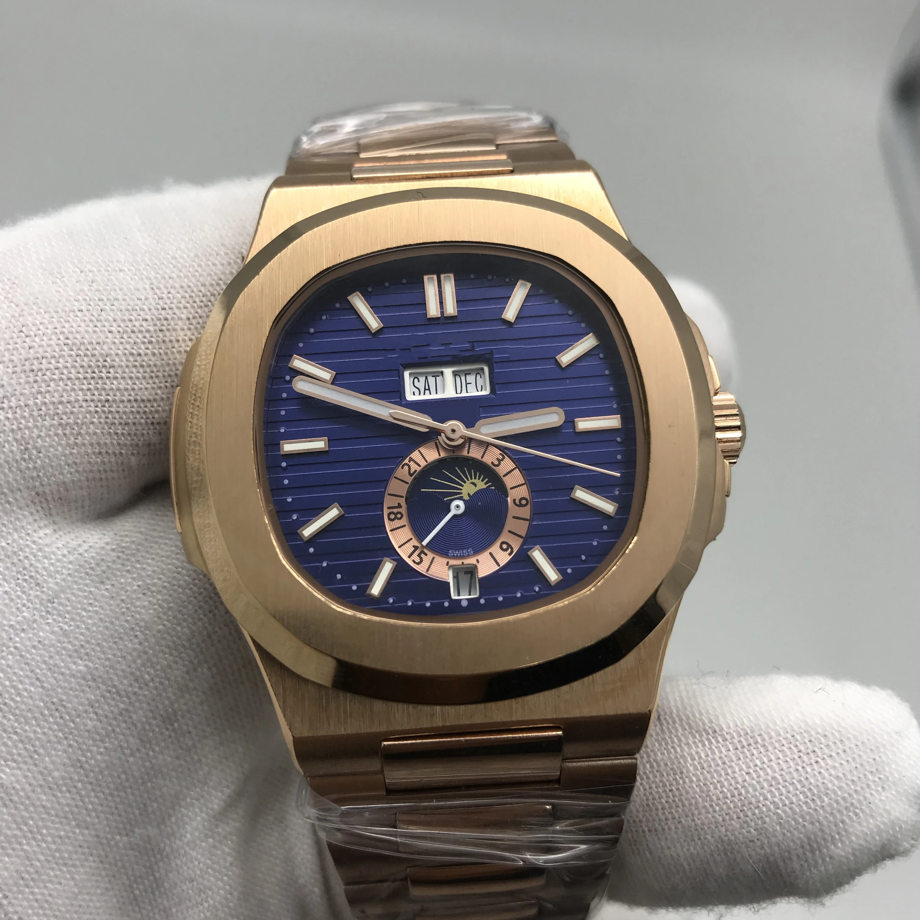 

luxury brand pp watch gold case blue dial automatic mechanical watch all small dials works luminous hand watch AAA nautilus