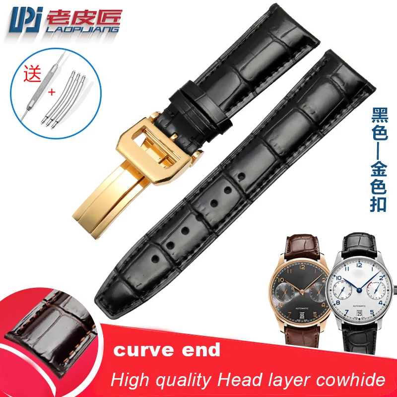 black gold buckle High quality Head layer cowhide genuine leather bracelet 22mm watch strap curve end watchband Business watch wristwatches band - Цвет ремешка: black gold buckle