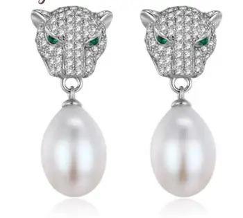 

Wholesale Good Women Gift Word 9-10mm Freshwater Pearl 925 Sterling Leopard Stud Earrings Natural LEOPARD HEAD CLASP
