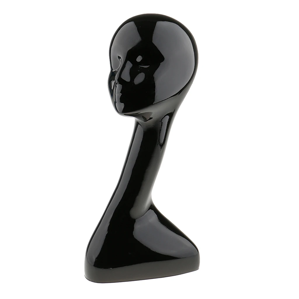 Mannequin Female ABS Plastic Long Neck Head Model Hair Hat Wig Glasses Necklace Display Showcase Stand Black
