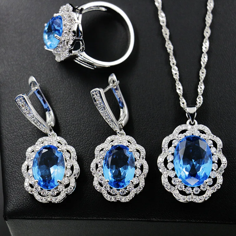 Bague Ringen в форме цветка серебро 925 Ювелирные наборы для свадьбы кольцо с камнями серьги ожерелье Овальный Аквамарин украшения подарок - Цвет камня: Синий