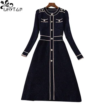 

UHYTGF Spring Autumn Knit Dress Women 5XL Plus size warm Knit Women Dresses Button Fashion Korean Female Knit Pullover Dress 749