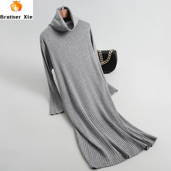 

Winter 2020 Knitted Winter Dress Turtleneck Women Warm Pullovers Long Dress Female Loose Style Women Sweater Dress Pull Femme