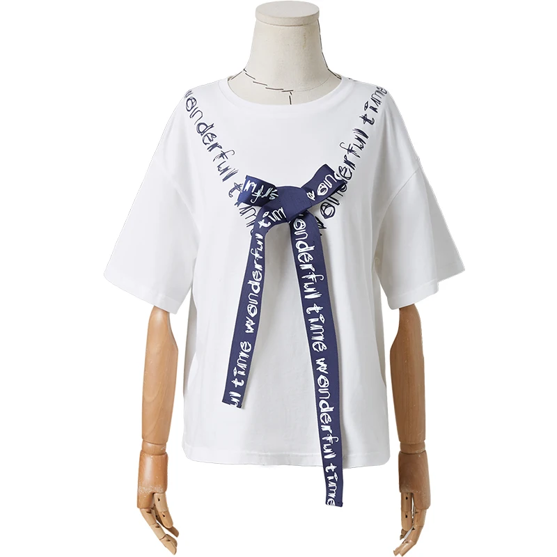 ARTKA 2020 Summer New Women Suits Fashion Bow Ribbon Casual White T-shirts High Waist Plaid Skirt Set 2 Piece Set Women TA25104X