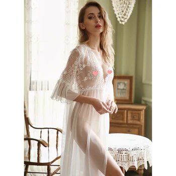 

Women's Ultra-thin Sexy Eyelash Lace Lace Robe Bathrobe Extreme Temptation Mesh Perspective Transparent Pajamas