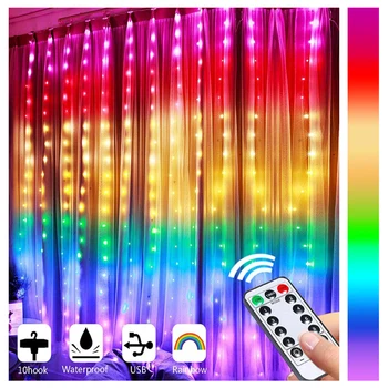 

280 LEDs Rainbow Curtain Lights LED String Garland Fairy Icicle Decorative Lights for Christmas Party Bedroom Wall Wedding Decor