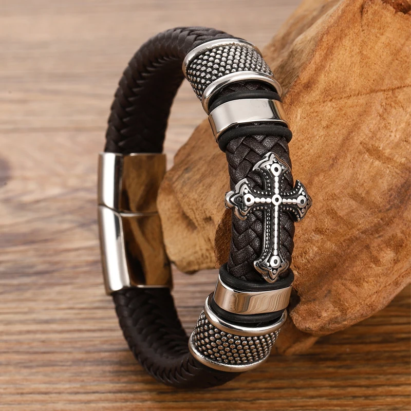 Stainless Steel Cross Bangles With Charms Chakra Men Black /Brwon Leather Bracelet Male Braided Multilayer Fashion Wholesale - Image 3