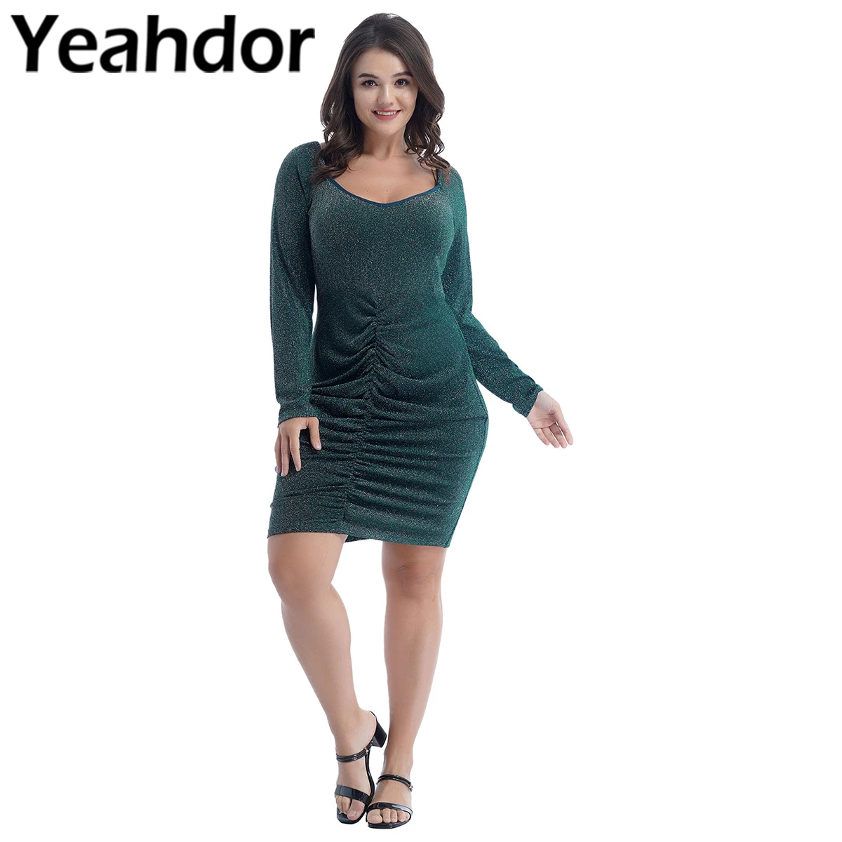 

Plus Size Women Shiny V Neck Ruched Front Dresses Banquet Party Clubwear Ladies Solid Color Long Sleeve Dress Fashion Streetwear