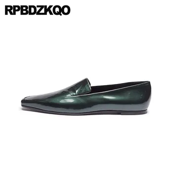 

walking slip on cowhide genuine leather loafers 2019 ladies beautiful flats shoes square toe green women designer grey black