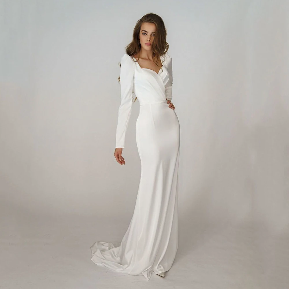 

UZN Ivory Mermaid Satin Wedding Dress Sweetheart Long Sleeves Bridal Gown Simple Backless Brides Dress Vestido De Novia