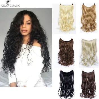 

XUANGUANG 24" Invisible Wire Fish Line Hairpieces Synthetic Straight Wavy Hair Extensions 3 Styles Black Brown