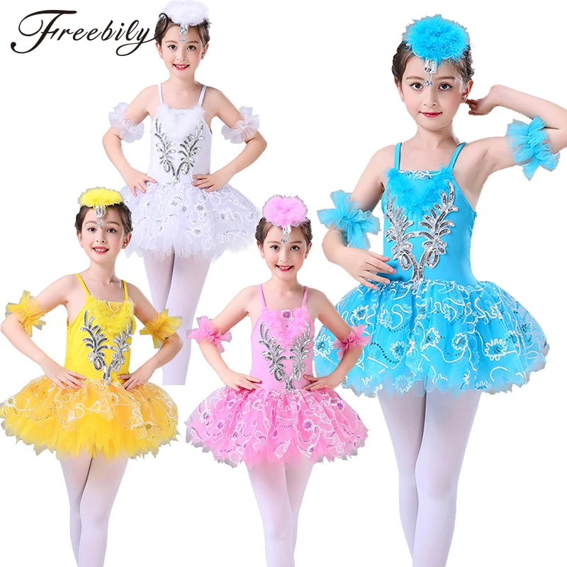 inlzdz Kids Girls Spaghetti Shoulder Straps Sequins Flower Leotard Tutu Dress Ballet Dance Gymnastic Dancewear