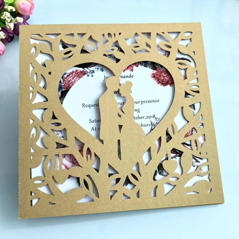  10pcs Romantic Laser Cut Wedding Invitation Card Groom Bride Carved Pattern Hollow Out Banquet Part - 4000265581290