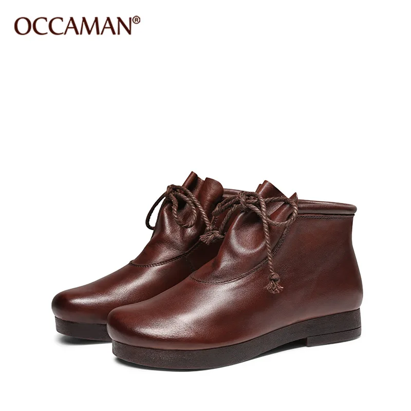 

OCCAMAN Winter Spring Unique Shoes Design New Soft Leather Simple Square Heel With Lace Round Ankle Boots 42162