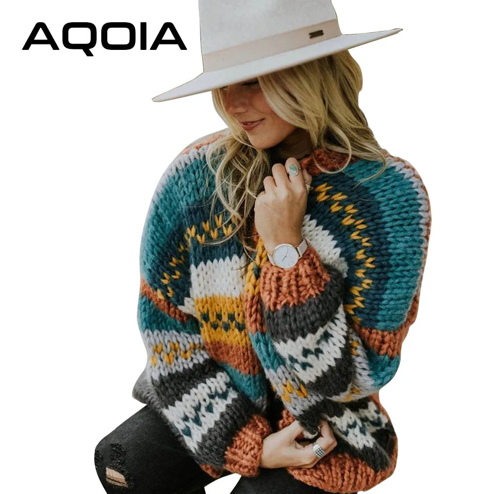 AQOIA, BOHO, размера плюс, женский свитер с v-образным вырезом, длинный рукав, в полоску, для девушек, свитера, кардиган, вязанный, свободный,, зимняя, осенняя одежда