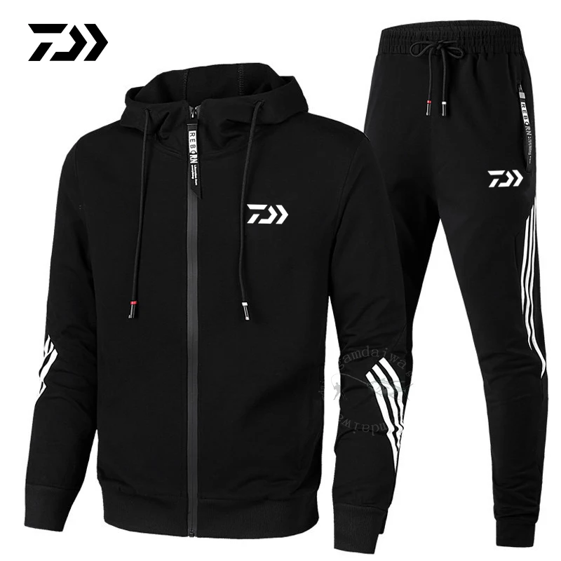 Черный Daiwa, весна-осень, костюм для рыбалки, хлопковый, для кемпинга, походов, спортивный комплект, полосатая одежда, костюм для рыбалки, куртка, штаны - Цвет: Черный