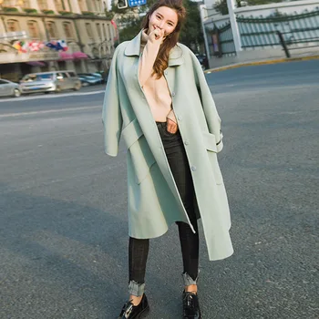 

Office Lady Loose Long Wool Blend Ladies Coat Turn-down Collar Women's Jacket Covered Button Korean Womens Fashion Coat