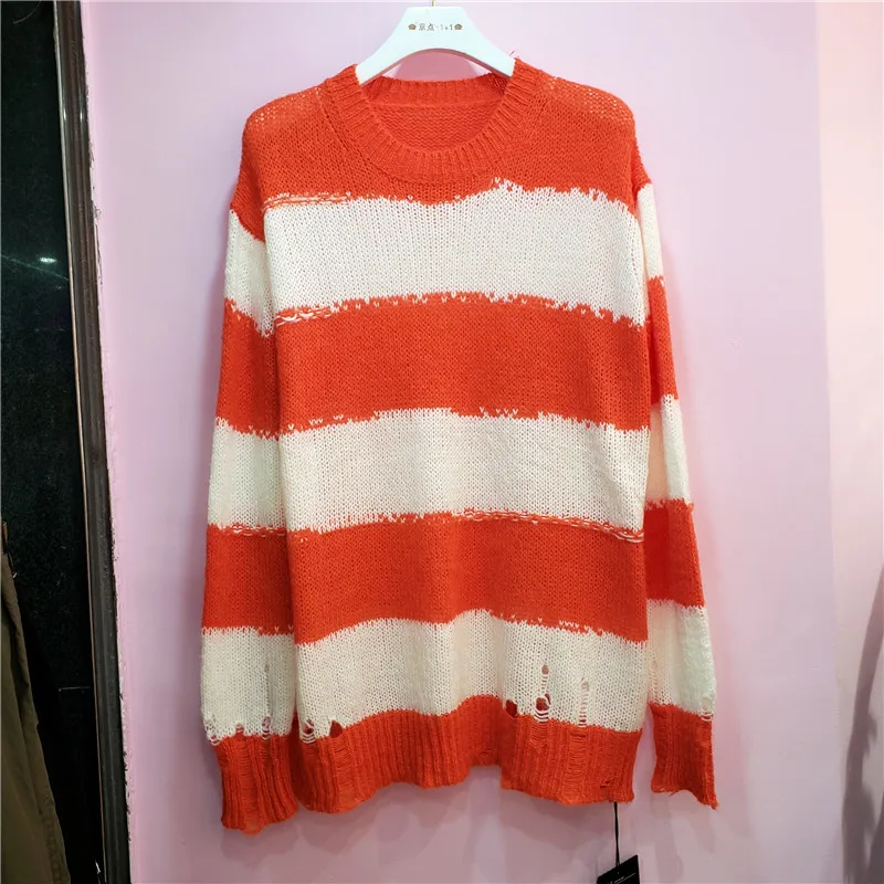 

Holes Sweater Women 2020 Early Autumn New Street Oversized Sweaters Lady Casual Mixed Color Stripe Jumper Pullovers Ropa Mujer