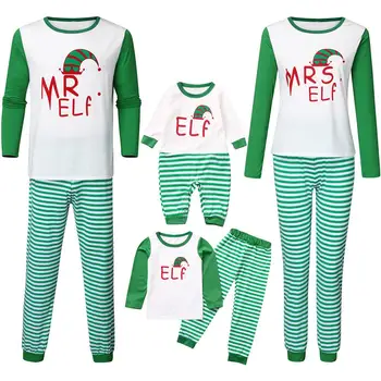 

Christmas Pajamas Sets Hat Print Blouse Tops Striped Pants Green Xmas Family Clothes Pajamas
