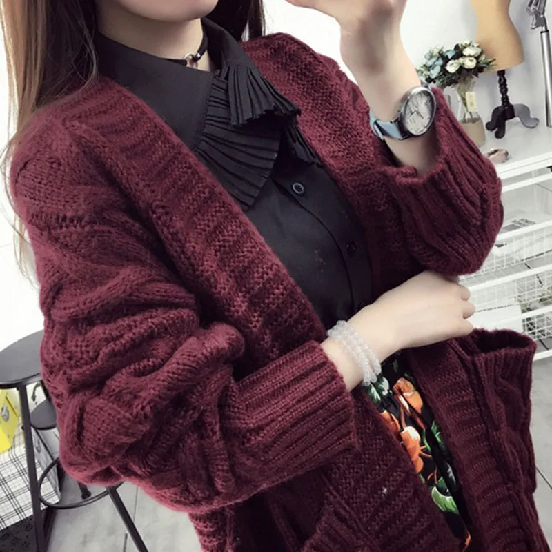 Purple red Женский кардиган на весну, зиму и осень, модный однотонный кардиган с v-образным вырезом в Корейском стиле, плотный длинный Повседневный Кардиган из мохера - Цвет: Purple red