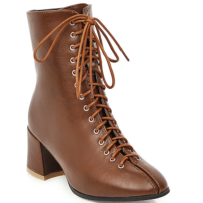Обувь больших размеров новые зимние ботильоны женские ботинки на высоком каблуке черного, бежевого и коричневого цвета Женские однотонные ботинки ручной работы с перекрестной шнуровкой - Цвет: brown