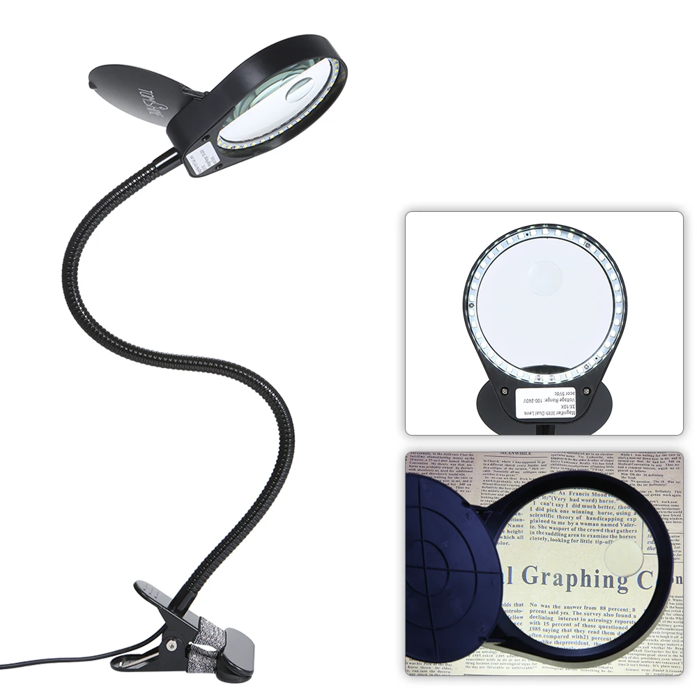 

LED 3X/10X Portable Magnifier Clamp Clip Table Light Desk Lamp Magnifying Illuminated Dimmable Brightness Adjustable Flexible