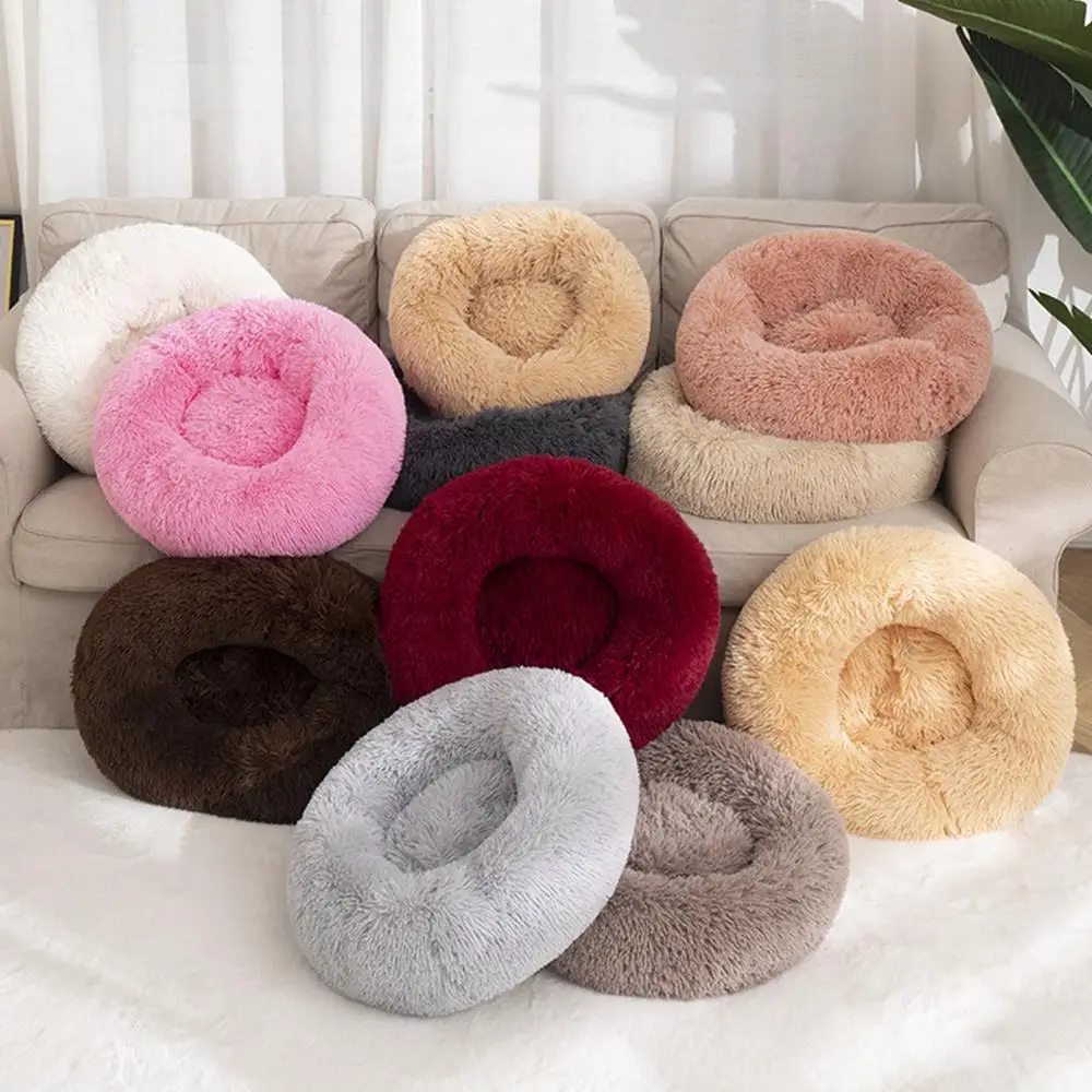 Round Dog Bed Cat Kennel Long Plush Soft Pet Bed House Puppy Dog House Mat Round Shape Soft Plush Comfortable Pet Cushion Nest