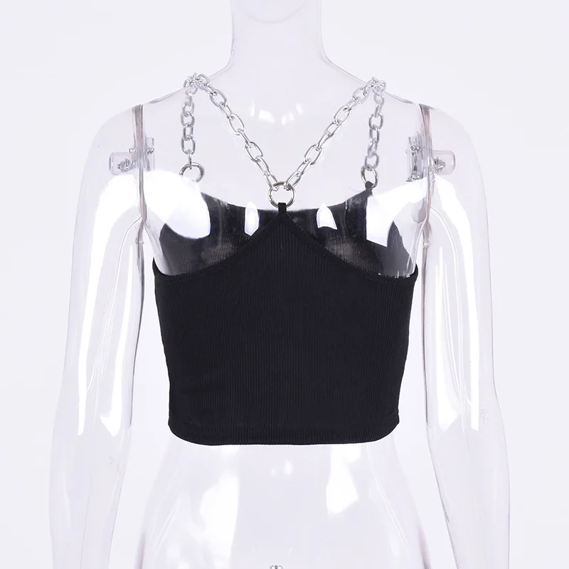 ArtSu Metal Chain Straps Sexy Cropped Tank Top Women 2020 Streetwear Club Crop Top Summer Vest Fashion Black White Green Tops