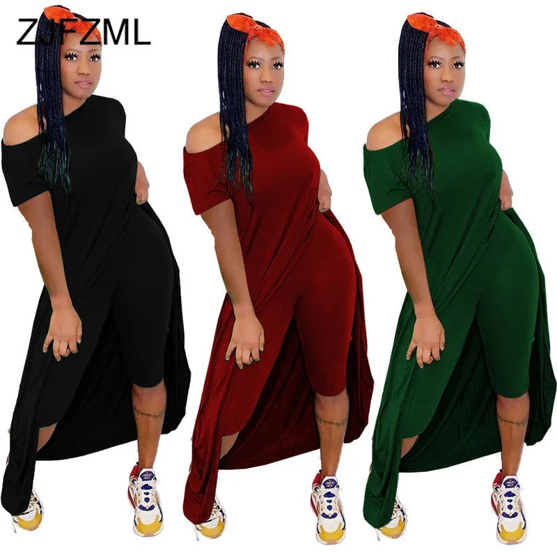 

Sexy 2 Piece Matching Set Women Clothes 2020 One Shoulder Short Sleeve Loose Top+Skinny Knee Length Short Birthday Club Outfit