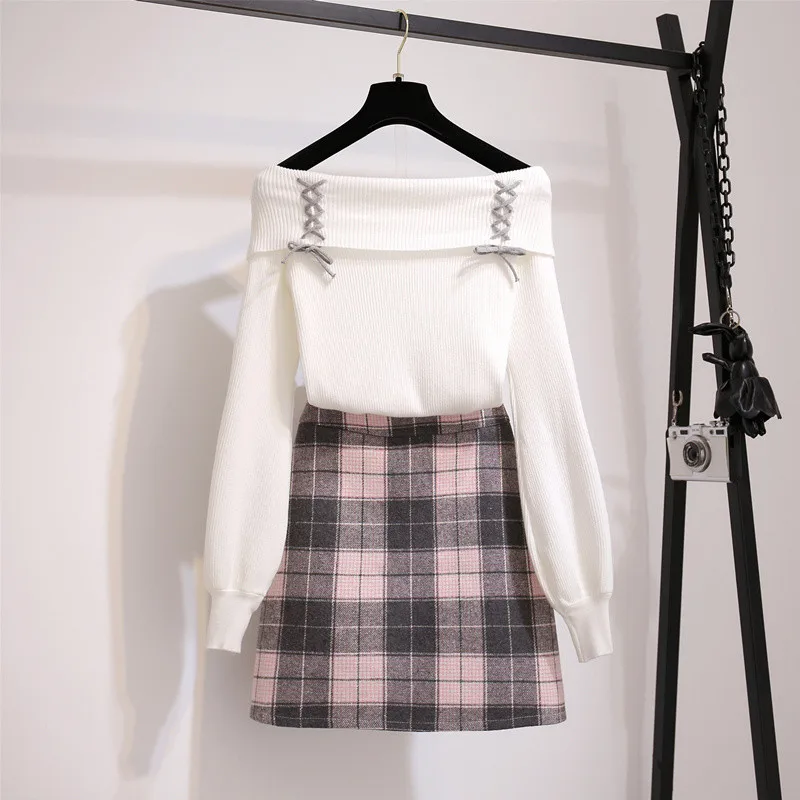 Осенне-зимний женский пуловер с вырезом под горло трикотажное пальто+ шерстяная юбка с высокой талией комплект из двух предметов для девочек - Цвет: white sets