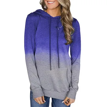 

Autumn/Winter 2019 Fashion Printed Pocket Strap Women's Top Gradation Color Women Sweatshirt Long Sleeve Hoodie