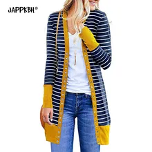 Осенний зимний кардиган для женщин, Повседневный, размера плюс, длинный вязаный свитер, pull femme nouveaute, в полоску, с длинным рукавом, женский свитер