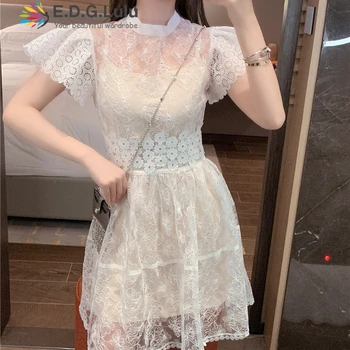 

EDGLuLu Short Sleeve O Neck Vintage Elegant White See Through Hollow Out Floral Lace Embroidery Dresses Woman Party Night 0505