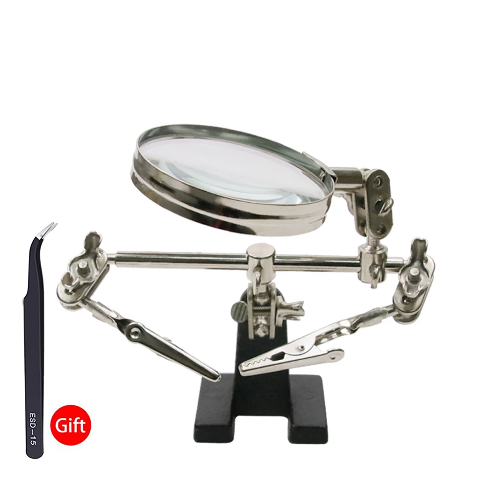 Soldering Iron Welding Magnifying Glass 2 LED 3X 4.5X 25X Helping Hand Rework Magnifier with 3 Tools Boxes Desk Station Repair
