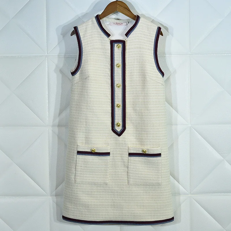 

Luxury Designer Brand Dress for Women Fashion Vintage O Neck Sleeveless Tweed Patchwork Loose Party Dress